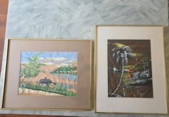 Pair of MCM Vietnamese Silk Paintings Tropical & Water Buffalo Scenes 20×17