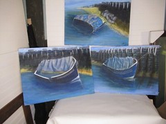 OOAK Lot of 3 original paintings collage boats 24×18 signed canvas Gallery Wall