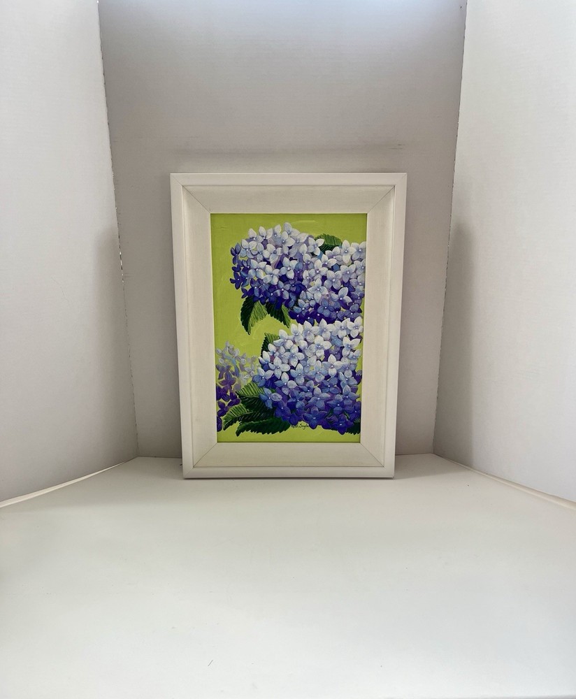 Original Floral Art Artist Signed Blue Hydrangeas Framed