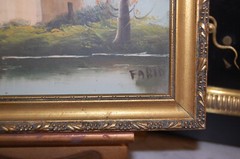 VINTAGE 1940-50’S FRAMED ORIGINAL OIL RUSTIC HOUSE AND RIVER SCENE ARTIST: FARID