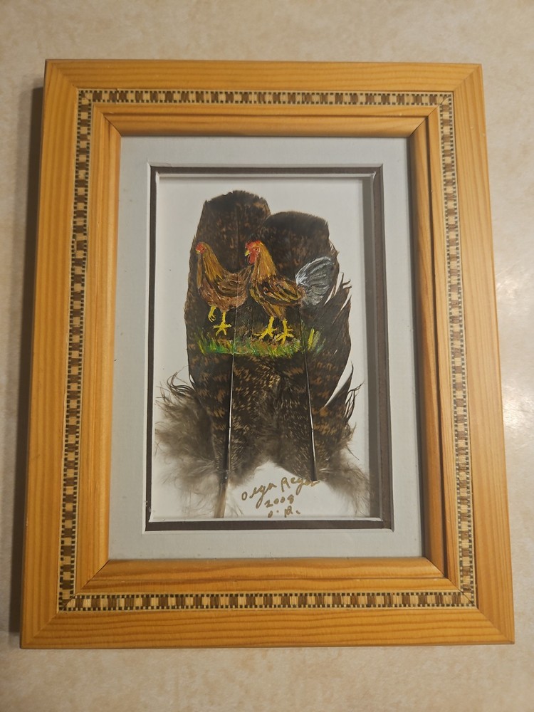 Beautiful Framed Feather Painting of Rooster &Hen by Olga E Reyes Signed 2008