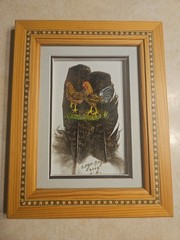 Beautiful Framed Feather Painting of Rooster &Hen by Olga E Reyes Signed 2008