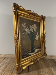 1933 Japanese Antique Lillies Floral Still Life Oil Painting Retro Art Decor