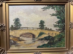 Mathews 1953 „Landscape With Stone Bridge Scene“ Oil Painting -Signed And Framed