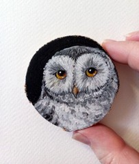 Wood Slice Painting Portrait of a gray owl acrylic original Miniature 2.5 inches