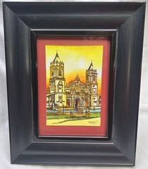 Black Ink and Watercolor Cathedral Santa Maria Panama Drawing Signed by Tolmos