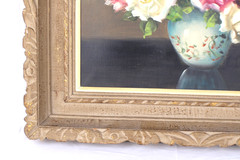 Antique Floral Still Life Oil Painting On Canvas Signed Illegible
