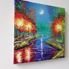 Autumn Night River Painting Park Lights Reflection Moon Path Wall Art Gift Decor