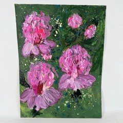 Original Abstract Art Painting on Paper Pink Peonies Peony Field Green 9”x12” C