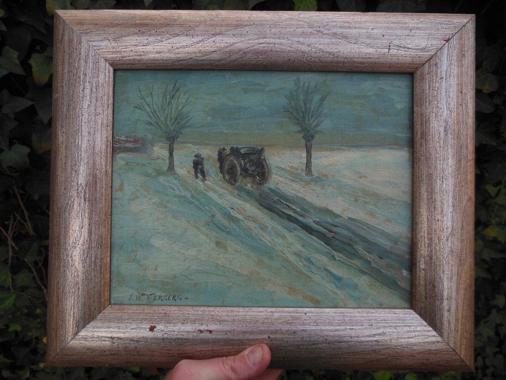 Vintage Signed JW Verkerk Snow Scene Landscape Mule Pulling Log Amish Painting
