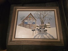 Signed Vintage H. Hargrove Oil Painting – Morton Salt Winter Scene