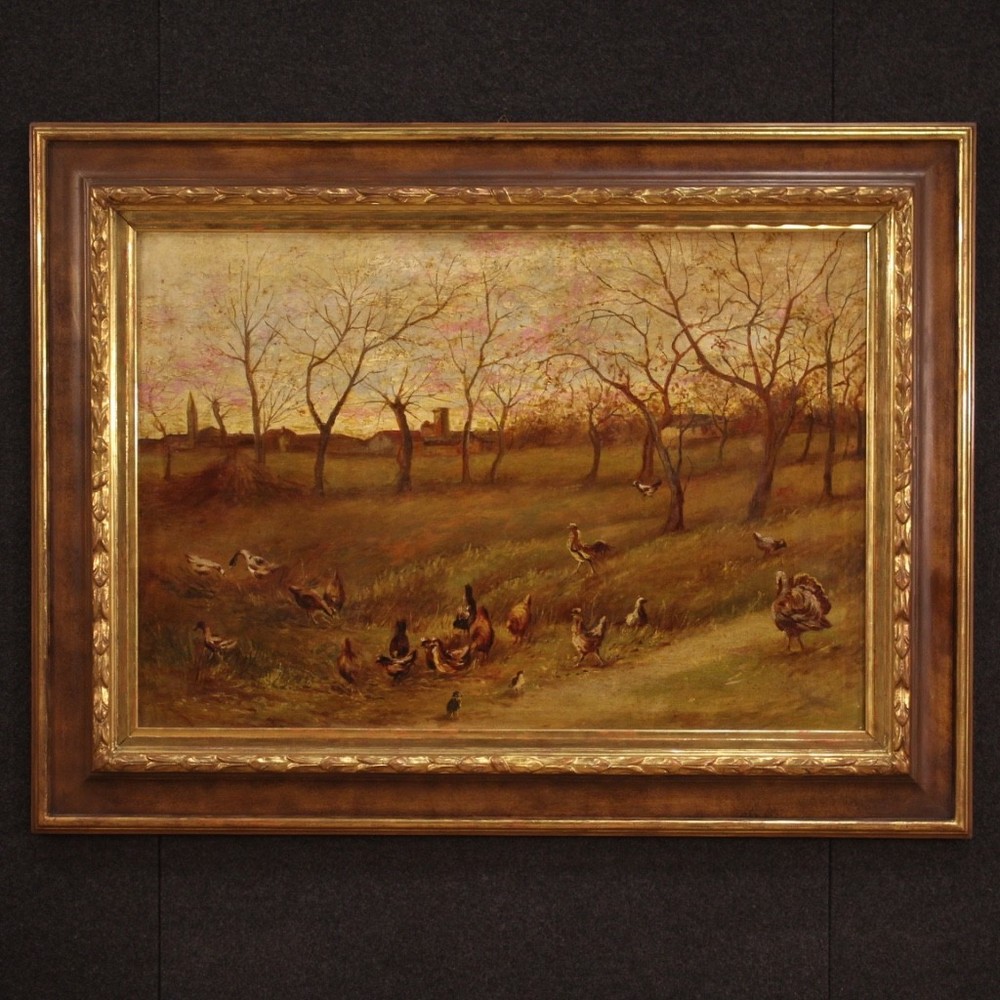 Oil on canvas Painting bucolic landscape artwork 20th century with fram