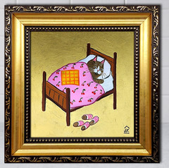 Sleeping Tabby Cat Original Framed Mini Oil Painting Cozy Bedroom Wall Decor