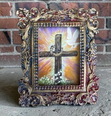 Mini Christian Cross Art Print in Colorful Ornate Vintage Frame