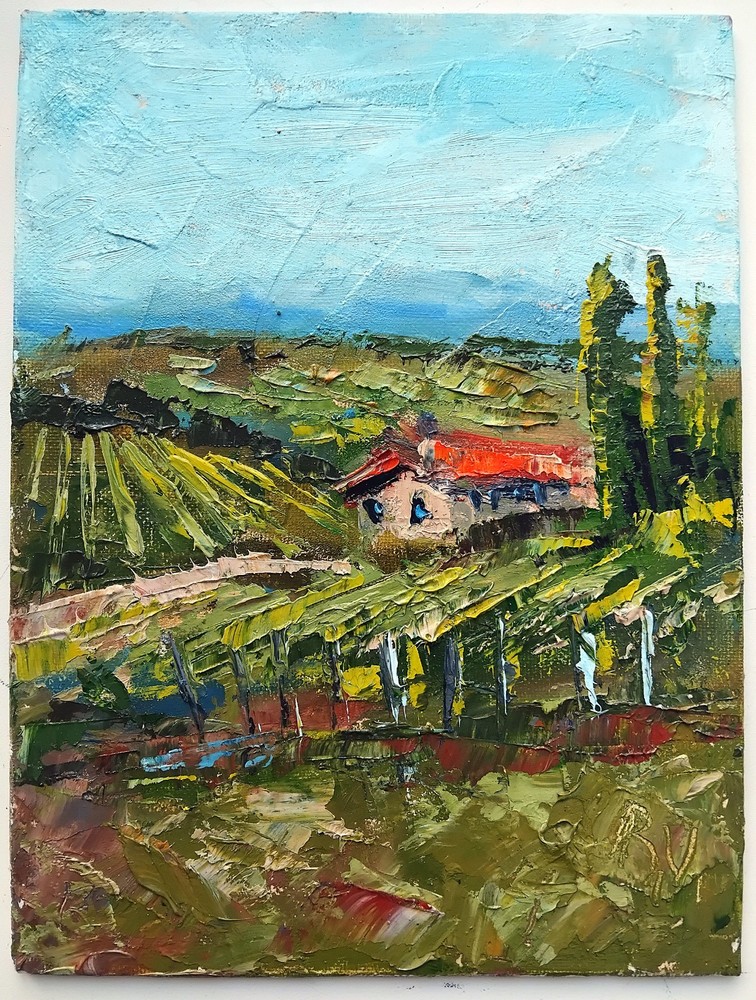 Italian Countryside Landscape painting, Tuscany Vineyard Oil on Canvas Original