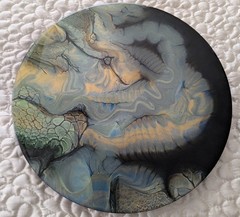 Acrylic Pour Abstract Fluid Art Painting Original Wall Decor round metalic & blk