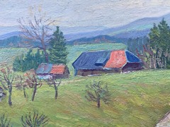 ::ÖLGEMÄLDE SIGN.KRAUS 1989 DORFLANDSCHAFT IM SCHWARZWALD MIT GEHÖFT BERGE