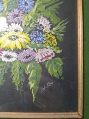 Lola Roos Framed Painting Nosegay Flowers Pink Blue Yellow Green