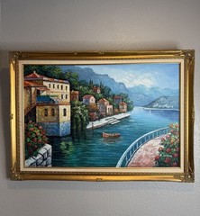 LARGE Oil/Acrylic Landscape Painting Mediterranean Italy Greece Lake Gold Frame