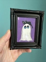 Print Of My Art Ghost And Black Cat,Halloween ,miniature Painting,small, framed
