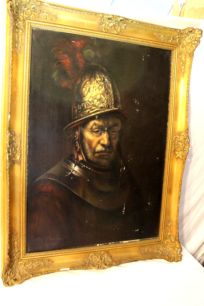Vintage 1962 Oil Painting Man with the Golden Helmet Rembrandt Copy Gilt Frame