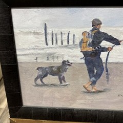 Nina Fritz Framed Original Painting Man Baby Dog on Beach Oil Canvas Board