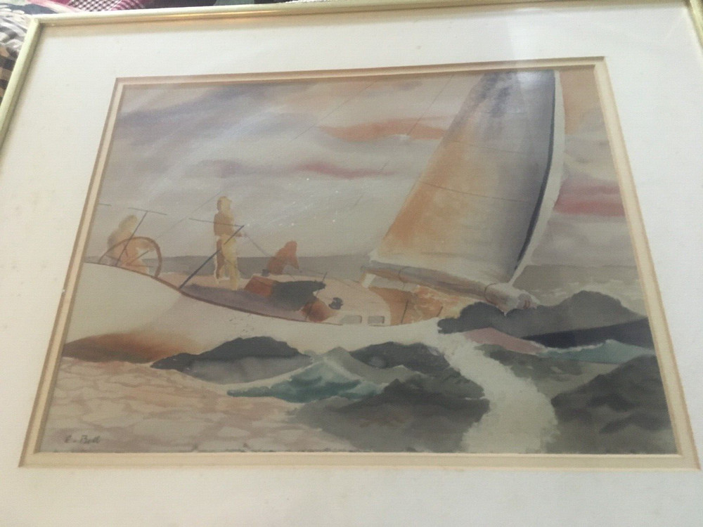 Original Watercolor of Racing BOAT & GHOST SAILORS – BY E. BELL 20 X 17 “ FRAMED