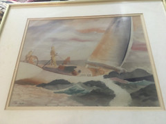 Original Watercolor of Racing BOAT & GHOST SAILORS – BY E. BELL 20 X 17 “ FRAMED