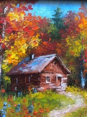 Original Oil Painting in Frame House Forest Hut Miniature 6x4in