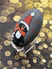 Penguin with Snowballs Wearing Winter Scarf and Hat, Painted Rock, Stone Artwork