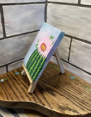 Small Acrylic Canvas painting w/Easel Southwest Colorful Cactus W/ Pink Flower