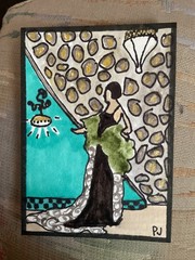 ACEO watercolor art by PJ, art card 2.5 x 3.5: lady by stairway.