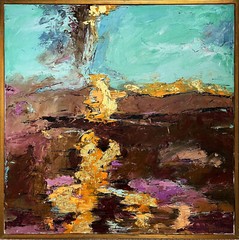 ABSTRACT MODERNIST LANDSCAPE PAINTING W/ GOLD LEAF SIGNED DIANA MULDER? 24″