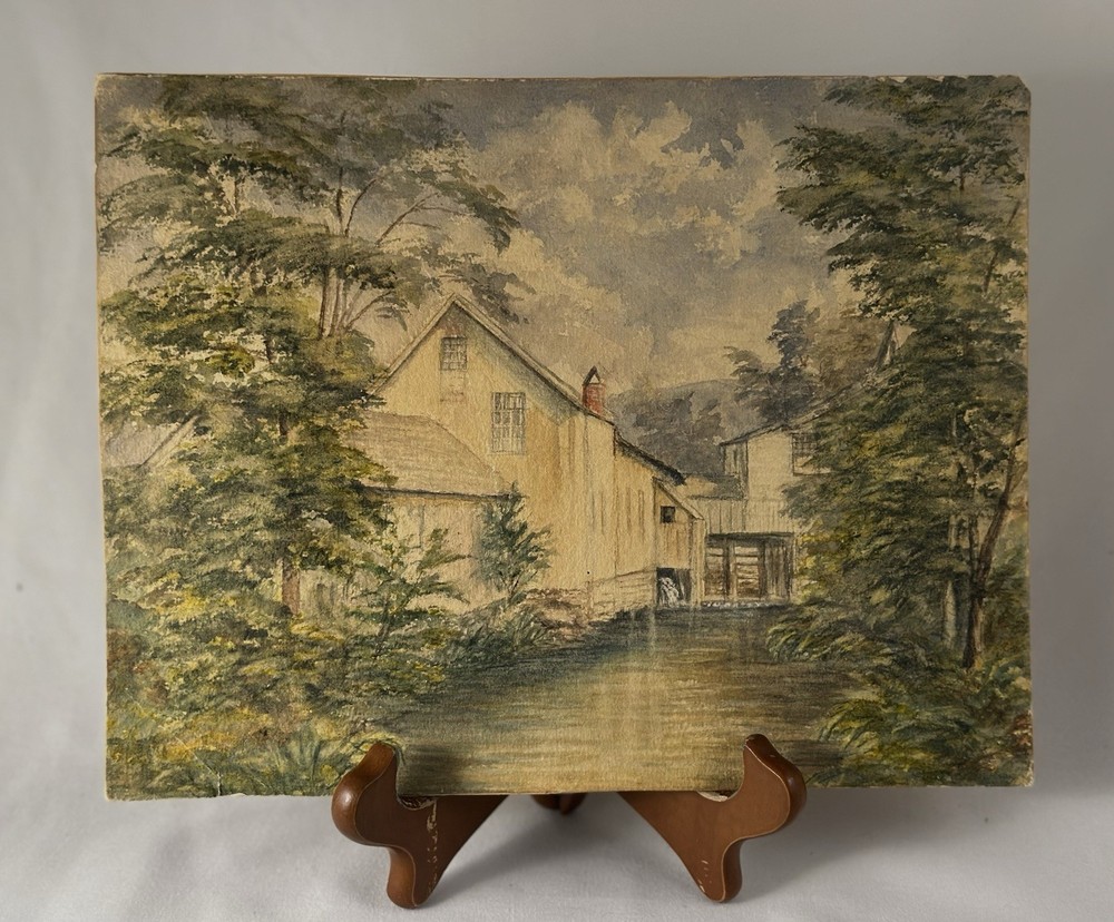 antique original watercolor Architecture Grain Mill River 10” x 7 1/2” Unsigned