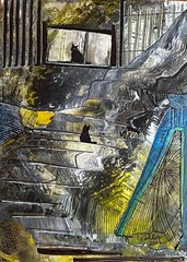 Original Painting 5×7″ black Cats stairs white blue black by Lynne Kohler