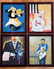Vintage Framed Bistro Waiter Oil Paintings Signed R Ben Set of 4 Café Wine Art