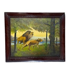 African Wildlife Oil Painting Lion & Lioness in Forest Mid-Century Safari Art