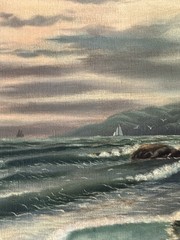 ‘FINE ANTIQUE COASTAL SEASCAPE OIL PAINTING OLD VINTAGE OCEAN LANDSCAPE 1941