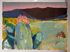Patrick Coffaro c1990 Raspberry Morning Mixed Media Desert Landscape Cactus Dawn