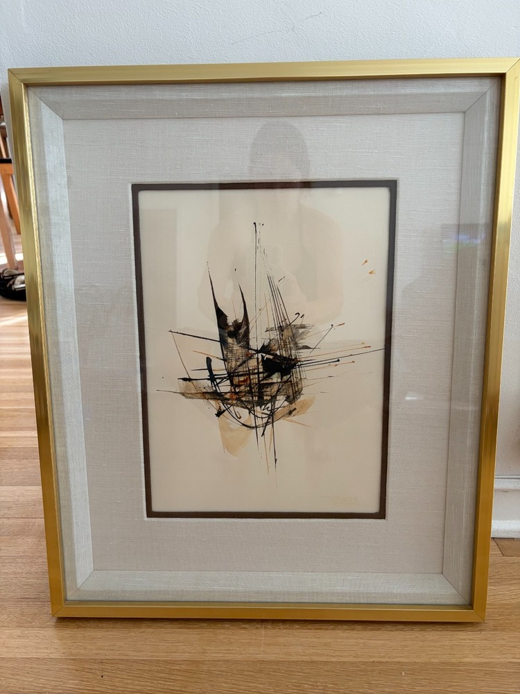 Leonardo Nierman Mexican Artist Signed Ink/Watercolor Abstract MCM Framed Work