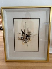 Leonardo Nierman Mexican Artist Signed Ink/Watercolor Abstract MCM Framed Work