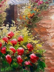 Oil Painting 20×24″ Mediternannean landscape/seascape, cloudy sky,bright florals