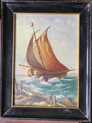Oil painting unclear sign. Sailing ship on coast in stormy sea