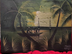 Frantz Haitian Folk Art Landscape Painting Palm Trees Canvas Unframed
