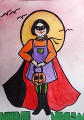 Original Illustration Girl with Halloween Costume Mixed Media on Paper