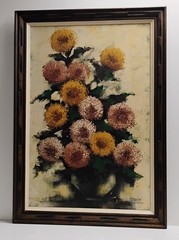 Post Impressionism Oil Painting Still Life Vase w/Chrysanthemums Flowers 29X41