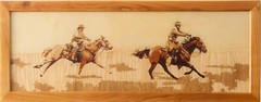 Cowboys on horses wild west landscape Vintage rustic style marquetry inlay