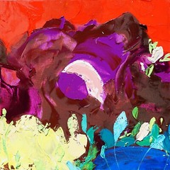 abstract oil painting original A Bush, a Lake, and the Pink Moon 16x16in 40x40cm