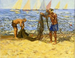 WILLIAM MOREIRA CRUZ (Uruguay, 1962), ‚FISHERMEN‘, Oil/board, 22.75″ x 19″.