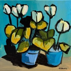White Floral Still Life Painting Modern Botanical Blue Vase Original Art R Steve